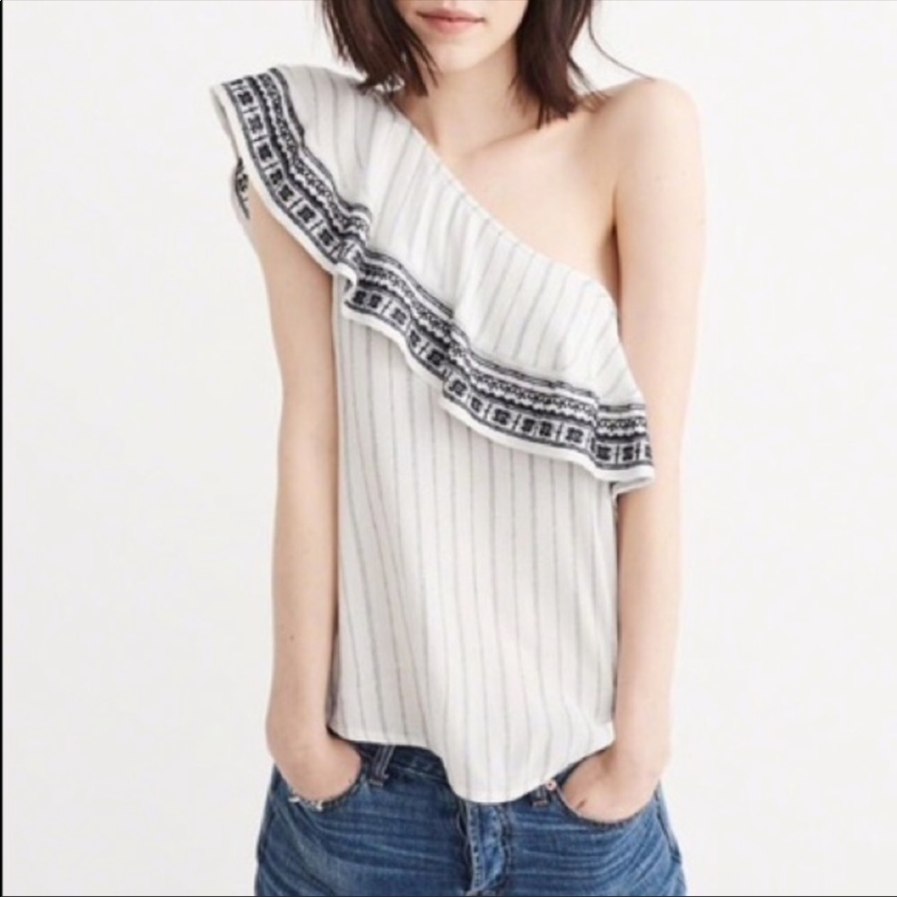 Abercrombie & Fitch One Shoulder Navy/White Ruffle Top, Size Small